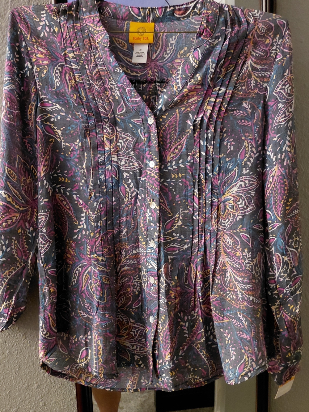 Ruby Rd. Gray Paisley Pintuck Button-Front Blouse with Pink & Purple Accents